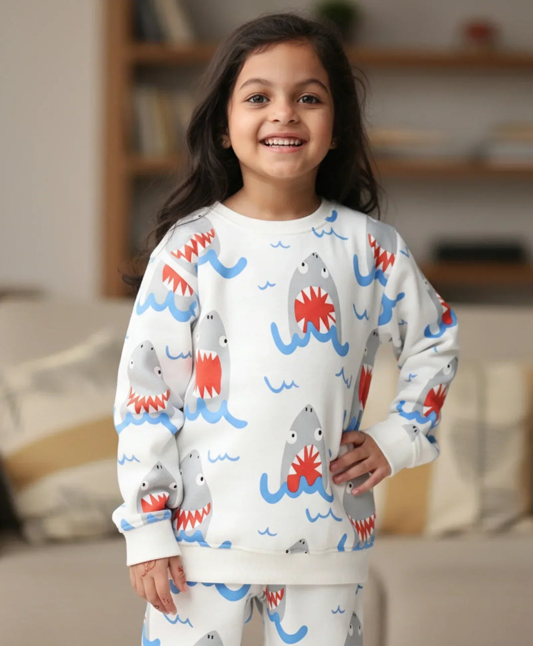 SLEEPY SHARK GIRLS FLEECE SWEATSHIRT - OFF WHITE - Anthrilo 