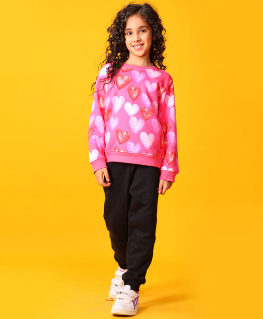 HEART PINK FLEECE SWEATSHIRT BLACK JOGGER SET - PINK/BLACK