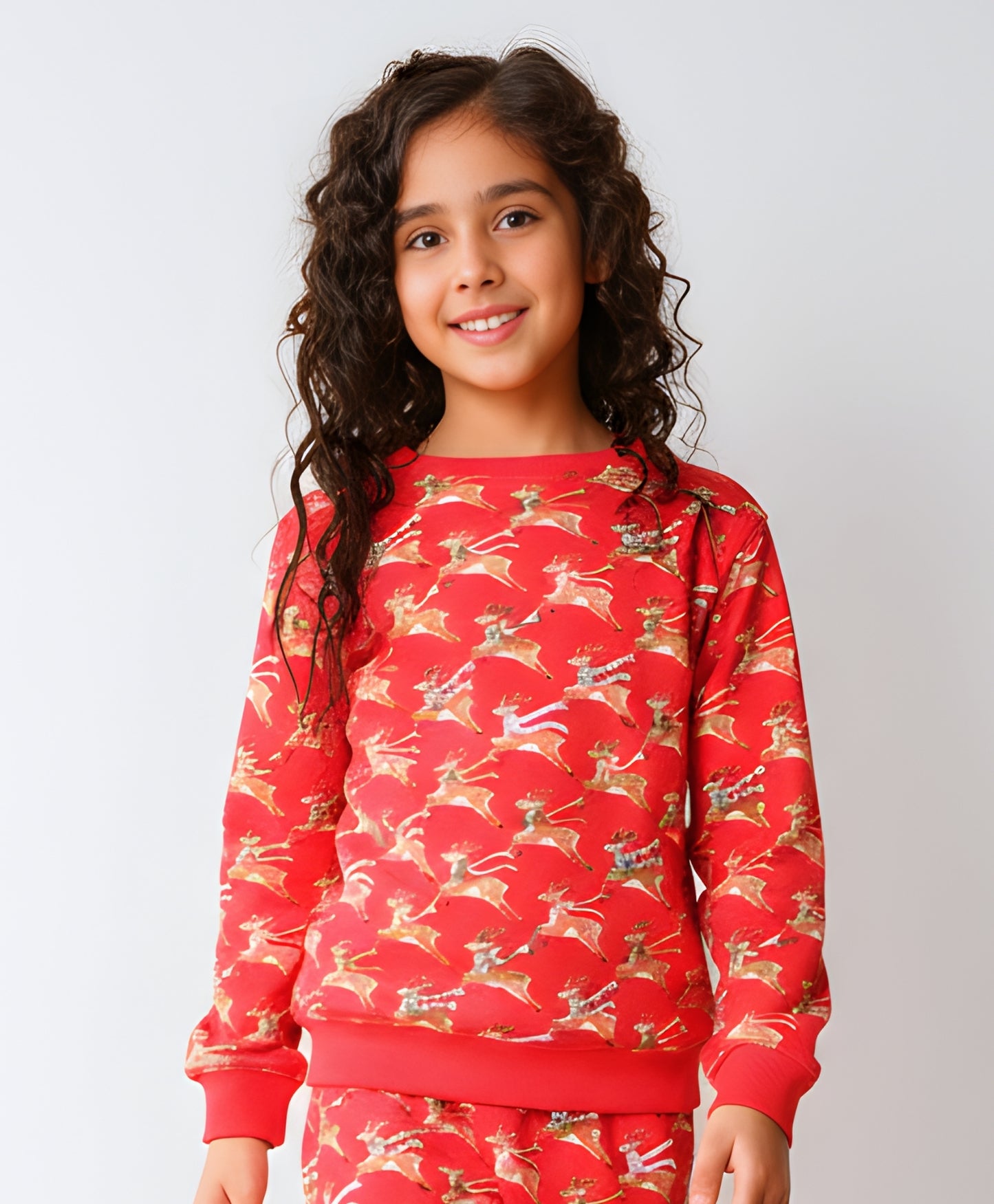 REINDEER PRINT FLEECE GIRLS SWEATSHIRT - RED