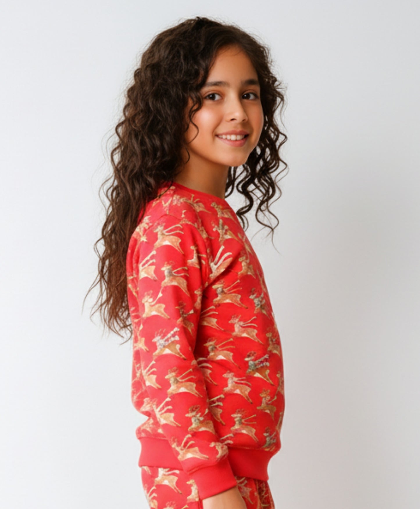 REINDEER PRINT FLEECE GIRLS SWEATSHIRT - RED
