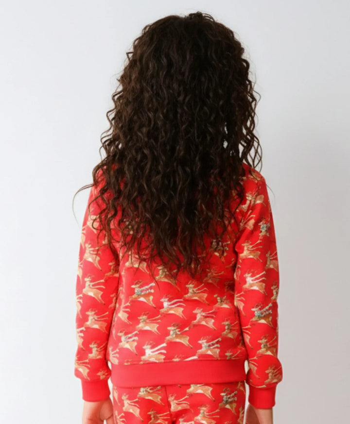 REINDEER PRINT FLEECE GIRLS SWEATSHIRT - RED