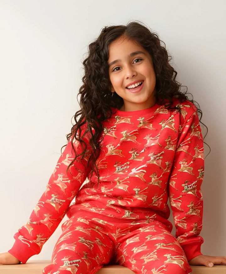 REINDEER PRINT FLEECE GIRLS SWEATSHIRT - RED