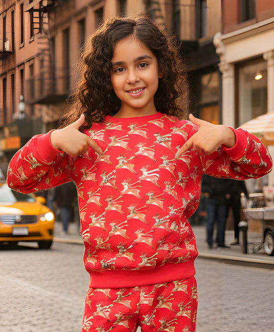 REINDEER PRINT FLEECE GIRLS SWEATSHIRT - RED
