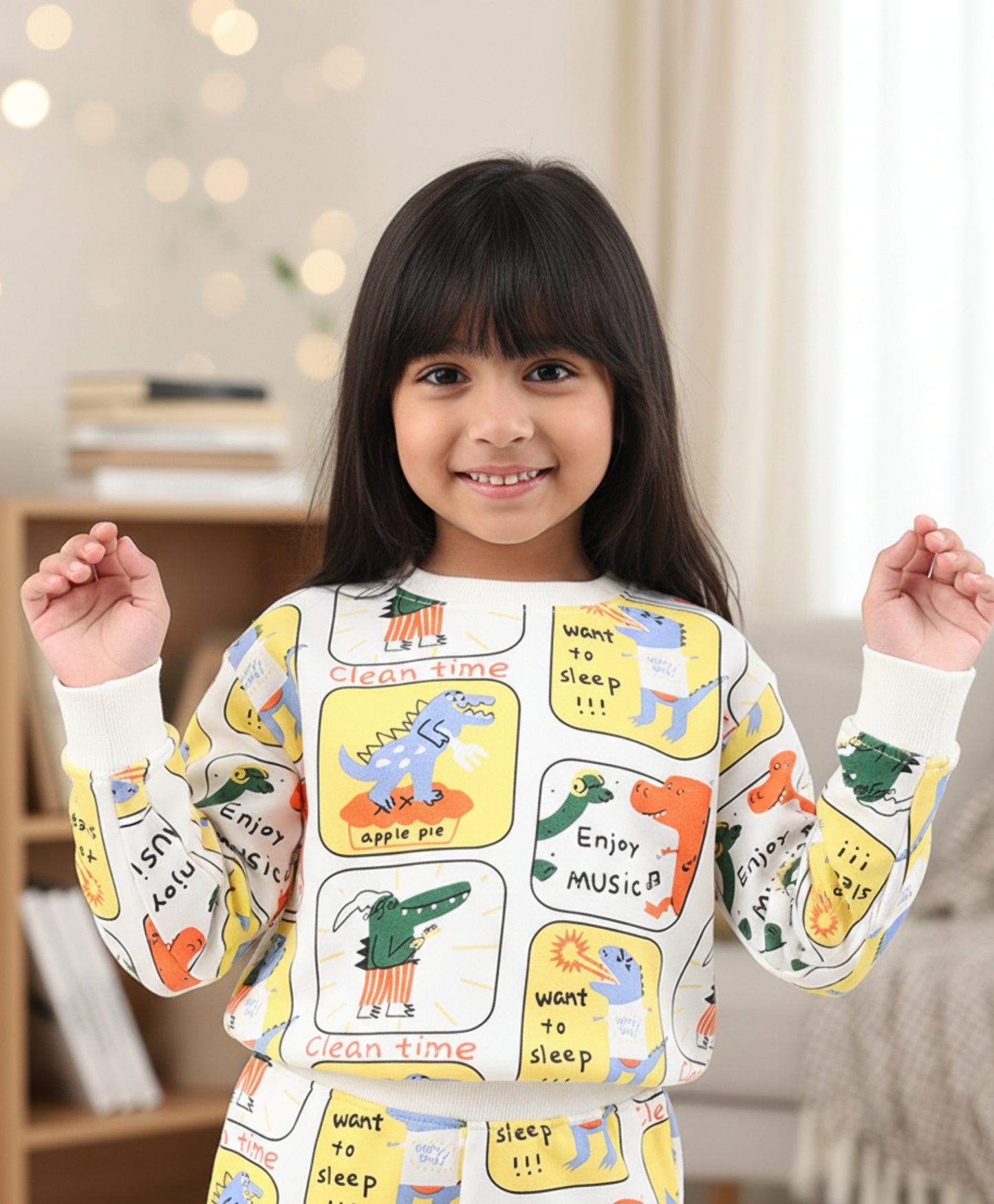 DINOSAUR STAMP FLEECE GIRLS SWEATSHIRT - OFF WHITE