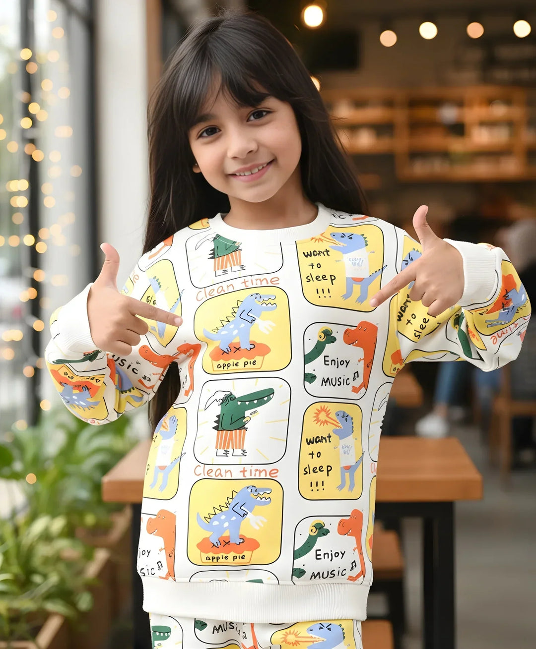 DINOSAUR STAMP FLEECE GIRLS SWEATSHIRT - OFF WHITE - Anthrilo 