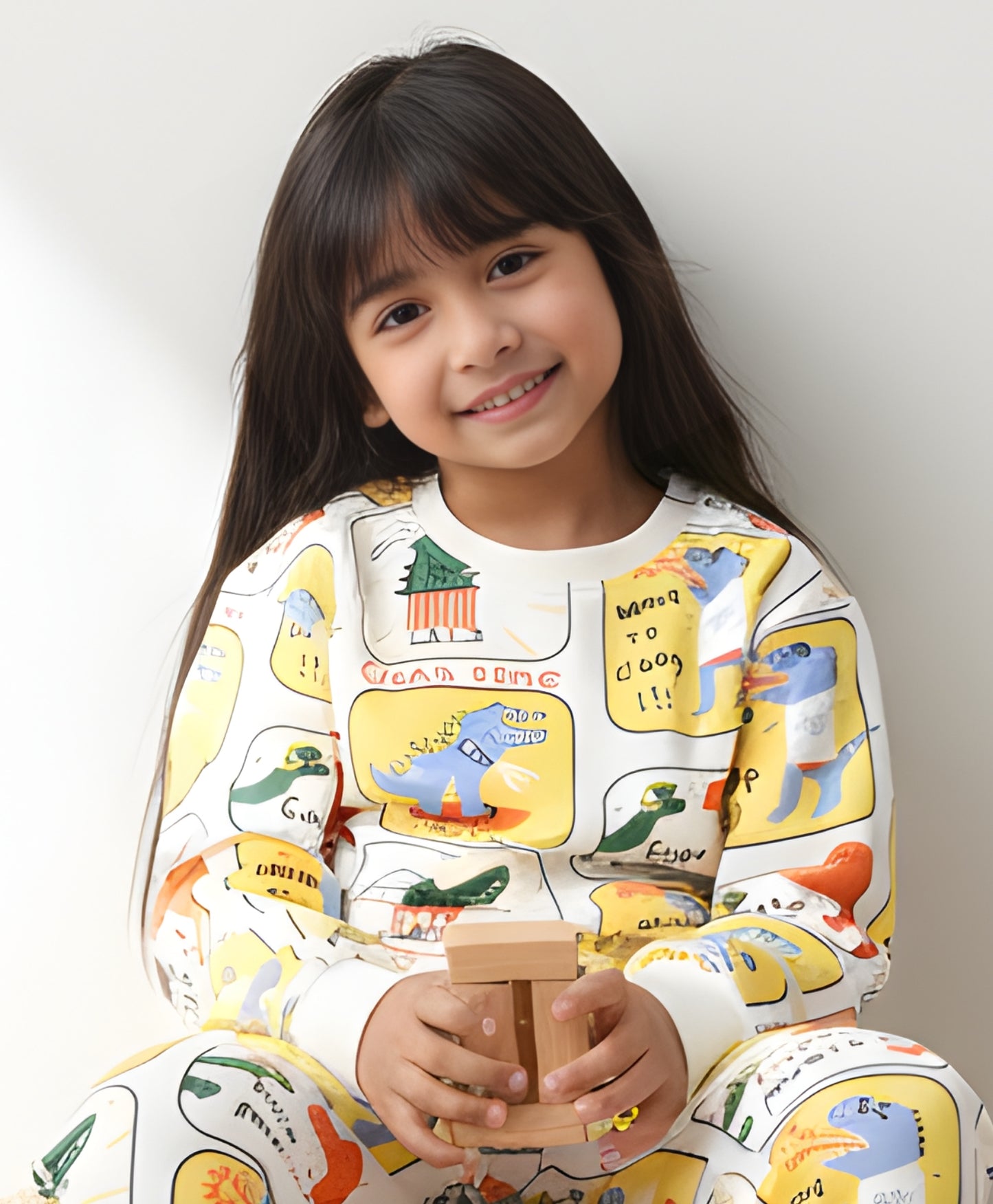 DINOSAUR STAMP FLEECE GIRLS SWEATSHIRT - OFF WHITE