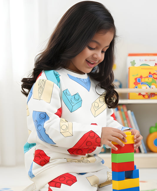BLOCK BUILDER FLEECE GIRLS SWEATSHIRT - OFF WHITE