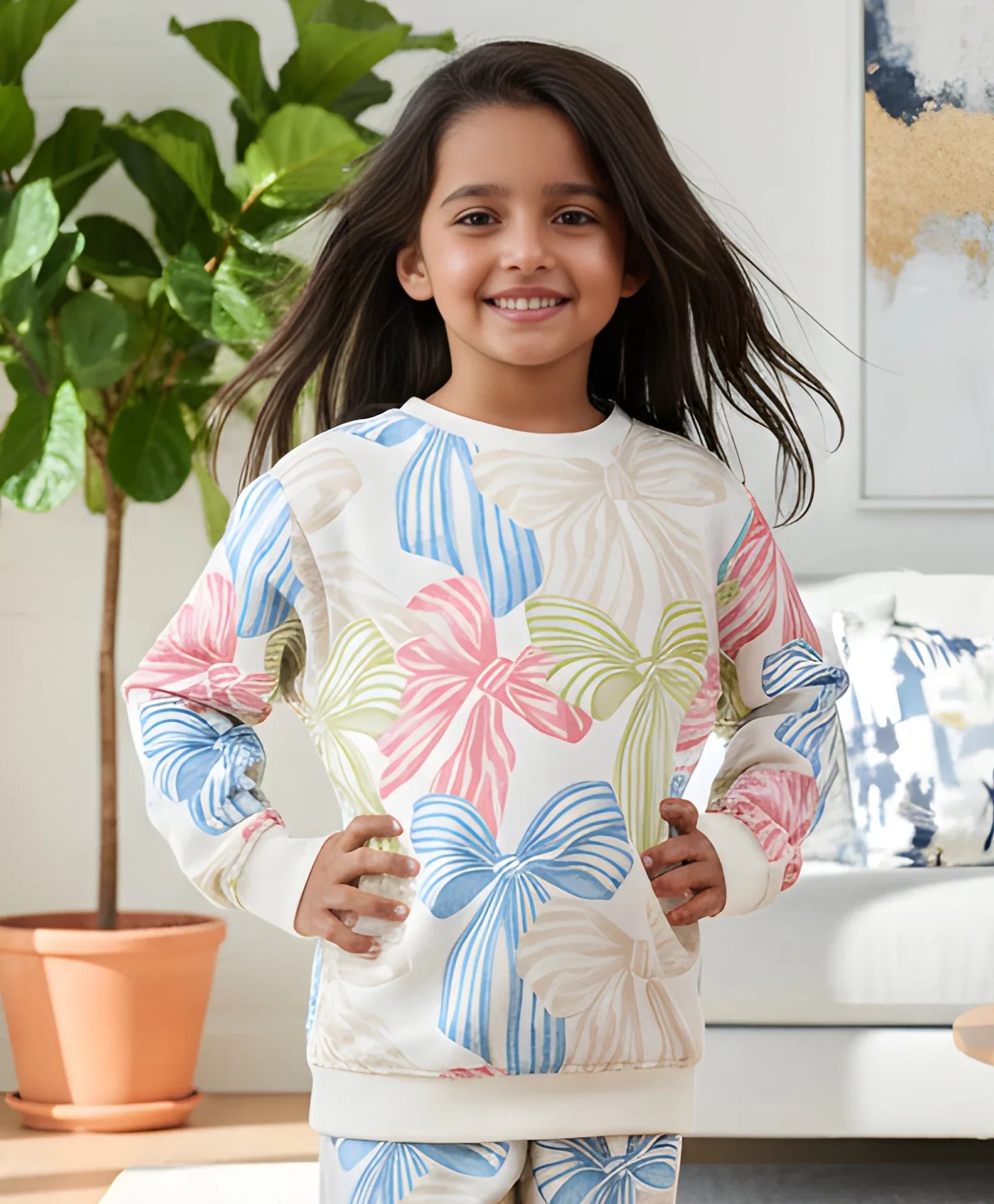 PAINTED BOW FLEECE GIRLS SWEATSHIRT - OFF WHITE