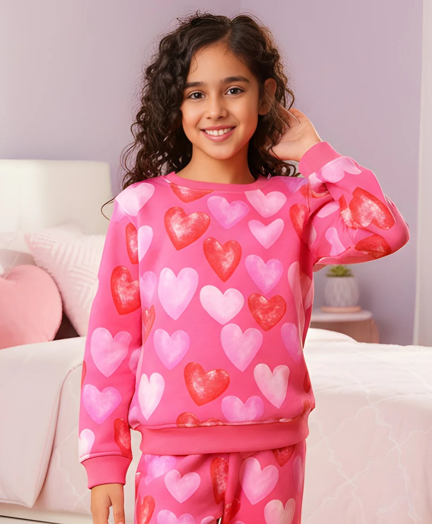 PINK HEARTS FLEECE GIRLS SWEATSHIRT - PINK