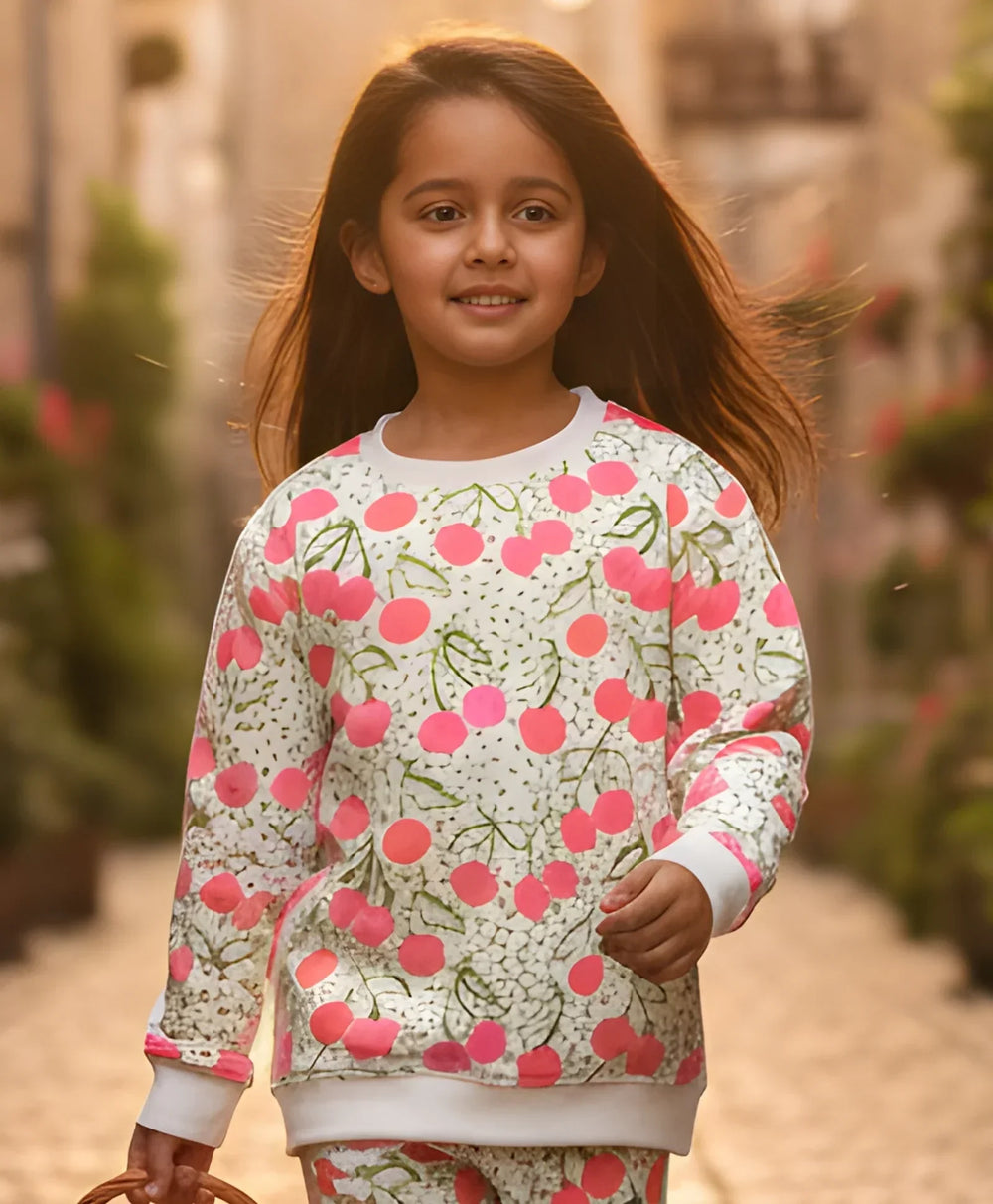 DOTTED CHERRY FLEECE GIRLS SWEATSHIRT - OFF WHITE - Anthrilo 