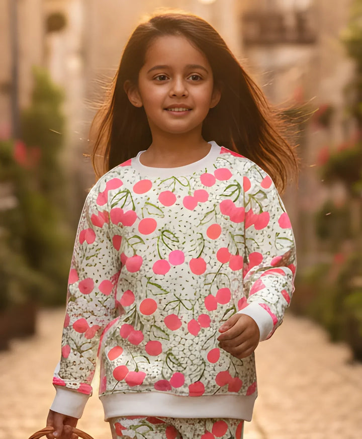 DOTTED CHERRY FLEECE GIRLS SWEATSHIRT - OFF WHITE - Anthrilo 