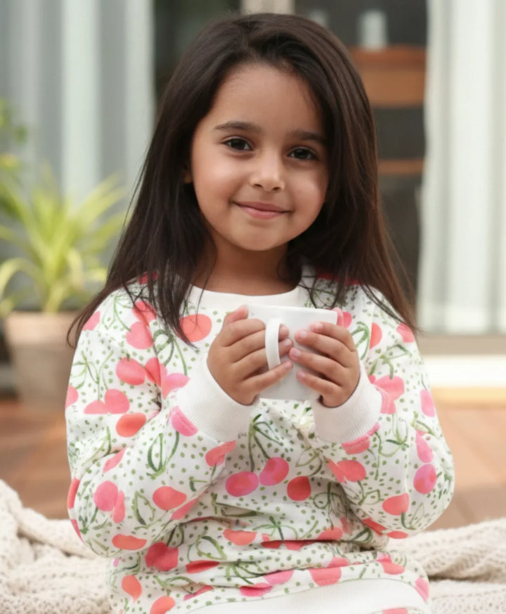 DOTTED CHERRY FLEECE GIRLS SWEATSHIRT - OFF WHITE - Anthrilo 