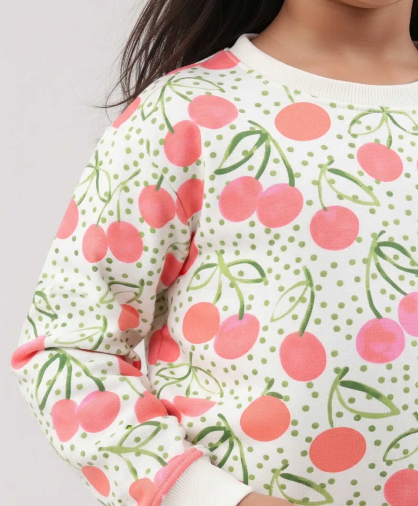DOTTED CHERRY FLEECE GIRLS SWEATSHIRT - OFF WHITE