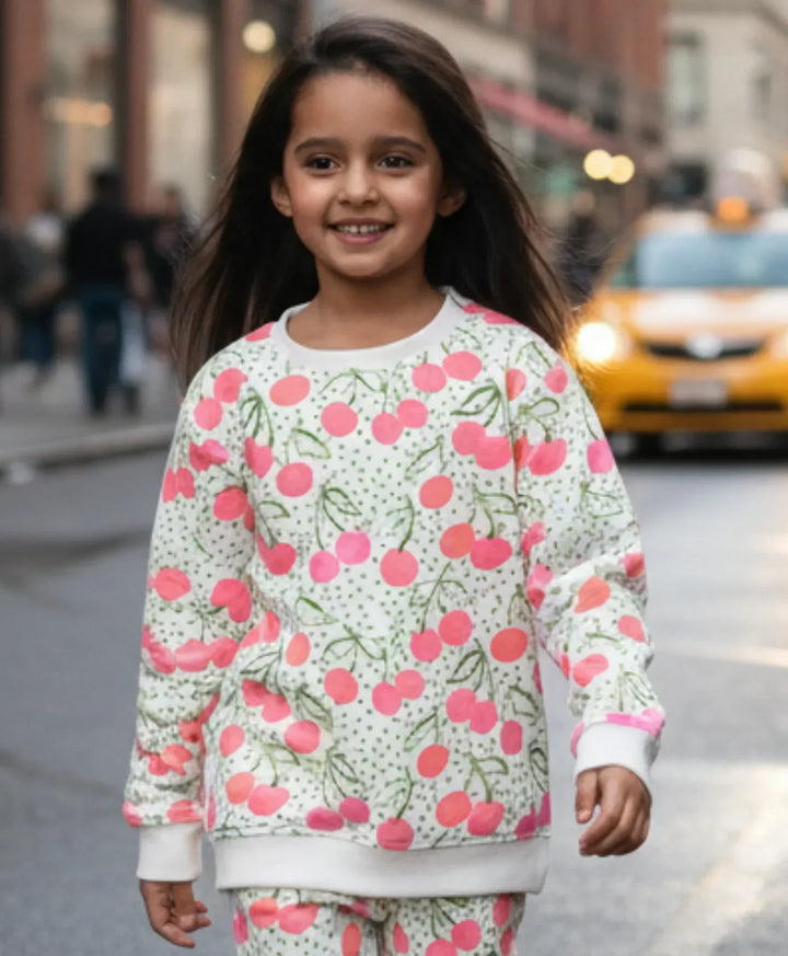 DOTTED CHERRY FLEECE GIRLS SWEATSHIRT - OFF WHITE - Anthrilo 