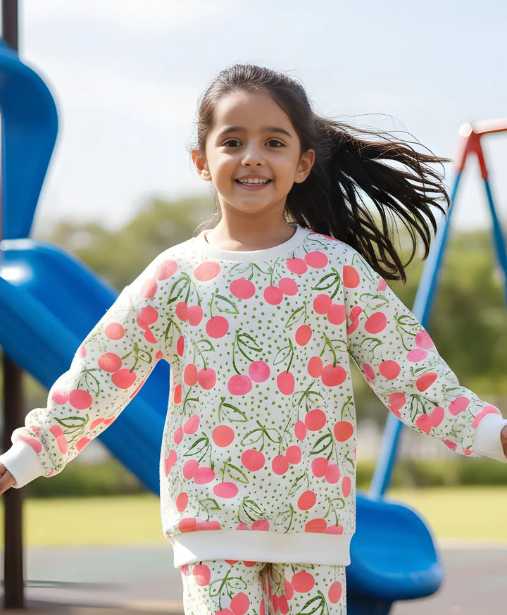 DOTTED CHERRY FLEECE GIRLS SWEATSHIRT - OFF WHITE - Anthrilo 