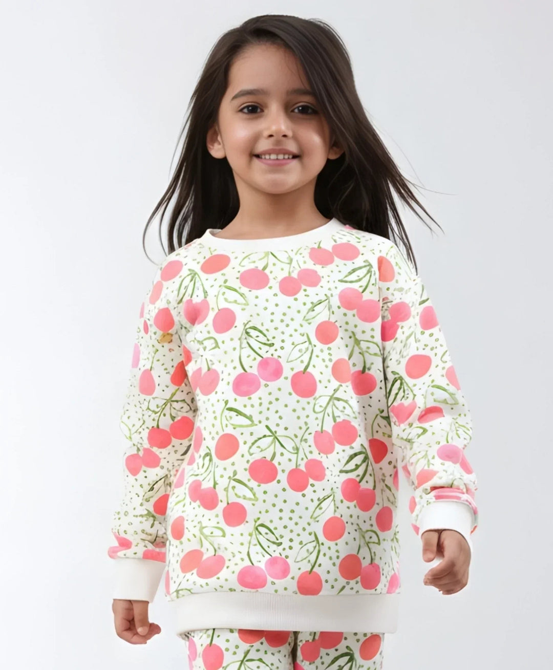 DOTTED CHERRY FLEECE GIRLS SWEATSHIRT - OFF WHITE - Anthrilo 