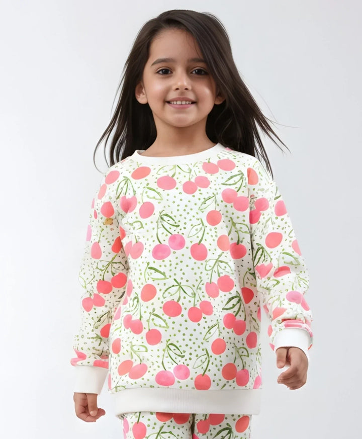 DOTTED CHERRY FLEECE GIRLS SWEATSHIRT - OFF WHITE - Anthrilo 