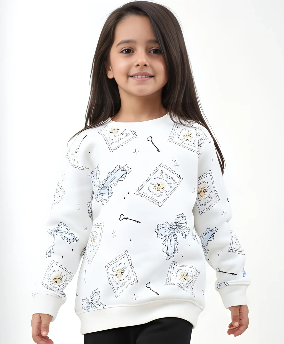 BOW KEY CAT GIRLS FLEECE SWEATSHIRT - WHITE - Anthrilo 