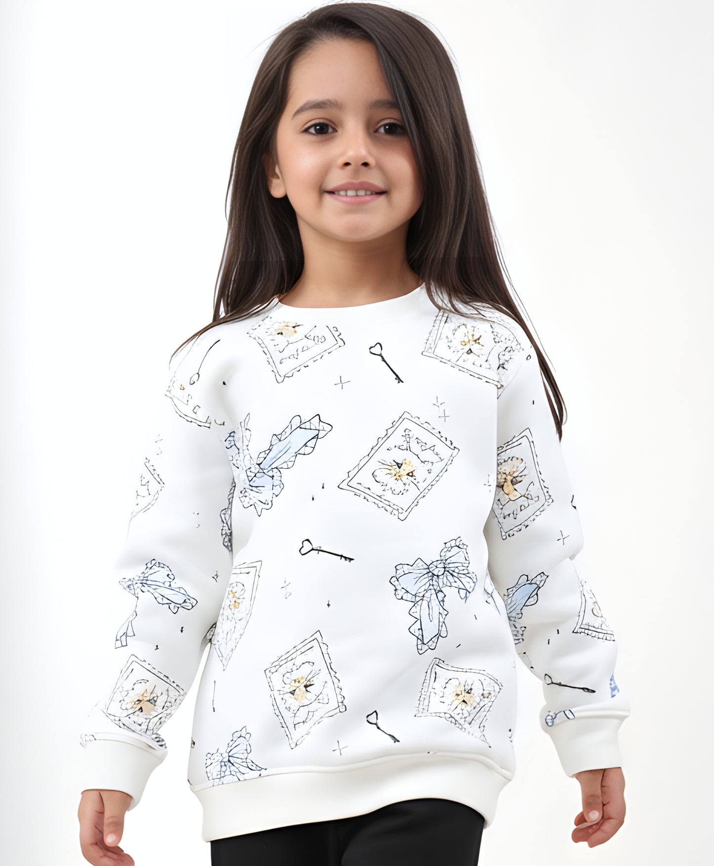 BOW KEY CAT GIRLS FLEECE SWEATSHIRT - WHITE