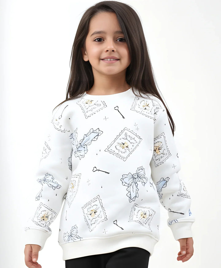 BOW KEY CAT GIRLS FLEECE SWEATSHIRT - WHITE - Anthrilo 