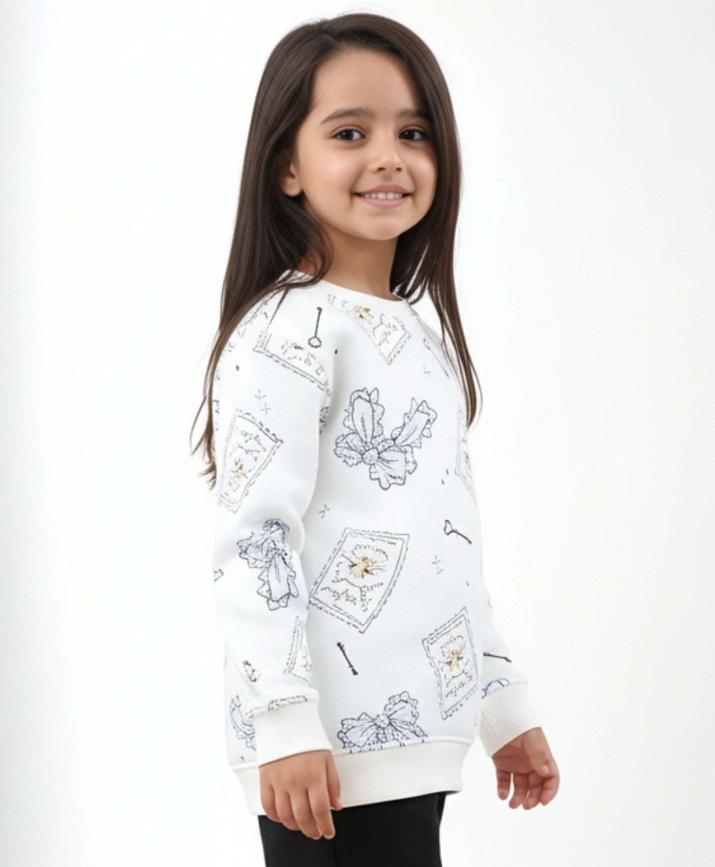 BOW KEY CAT GIRLS FLEECE SWEATSHIRT - WHITE