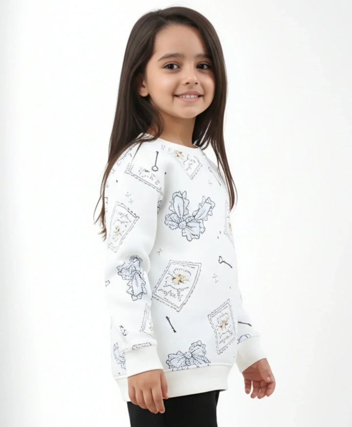BOW KEY CAT GIRLS FLEECE SWEATSHIRT - WHITE - Anthrilo 