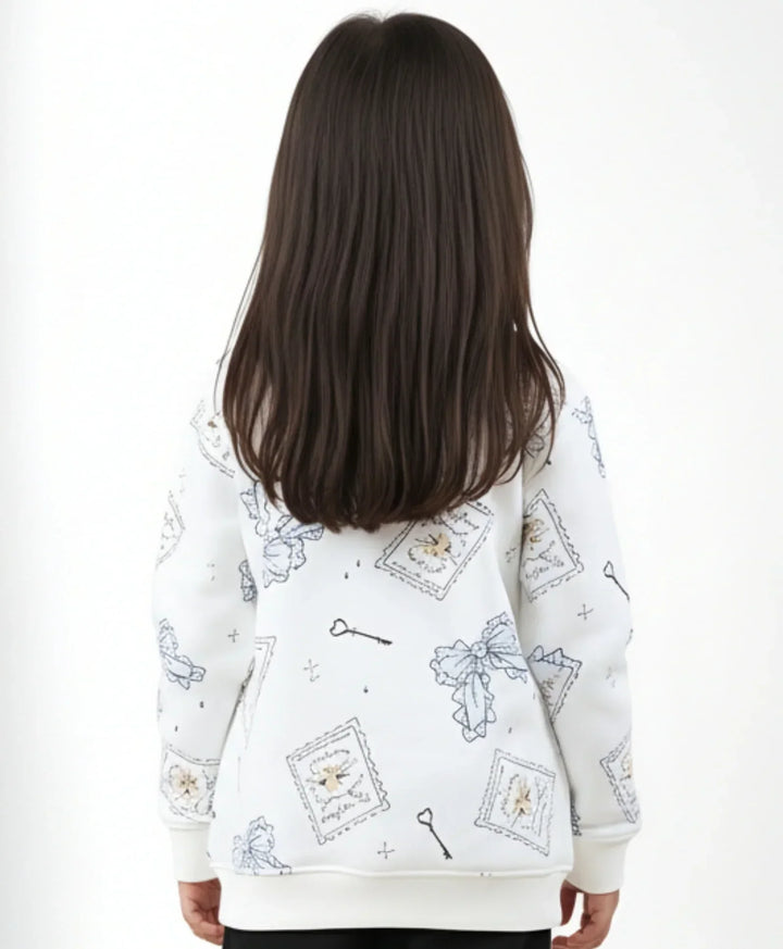 BOW KEY CAT GIRLS FLEECE SWEATSHIRT - WHITE - Anthrilo 