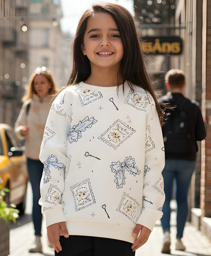 BOW KEY CAT GIRLS FLEECE SWEATSHIRT - WHITE - Anthrilo 