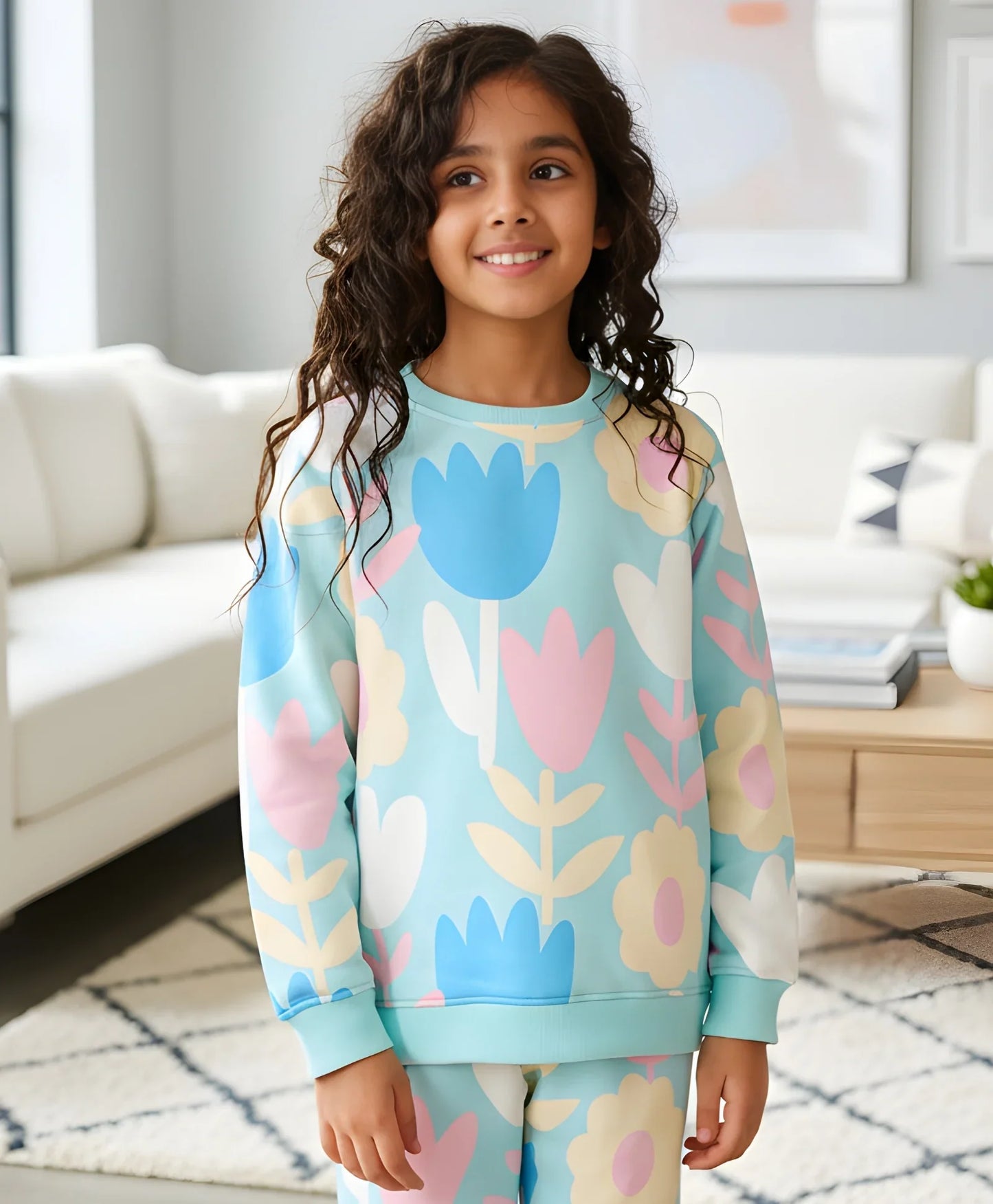 AQUA FLOWER GIRLS FLEECE SWEATSHIRT - AQUA