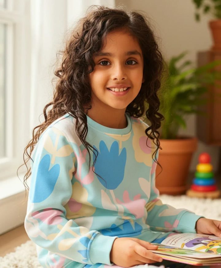 AQUA FLOWER GIRLS FLEECE SWEATSHIRT - AQUA - Anthrilo 