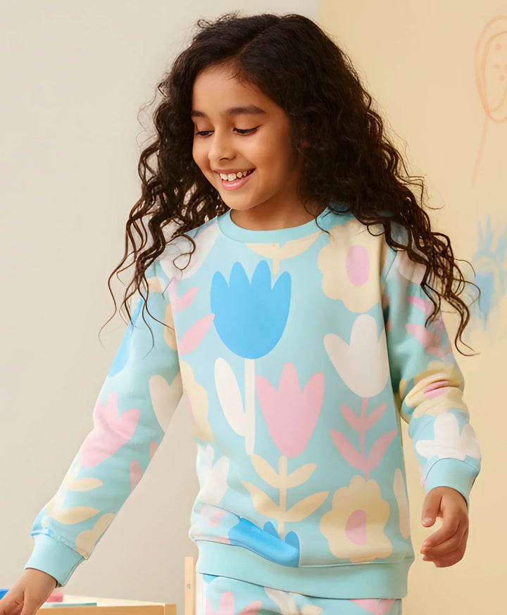 AQUA FLOWER GIRLS FLEECE SWEATSHIRT - AQUA - Anthrilo 