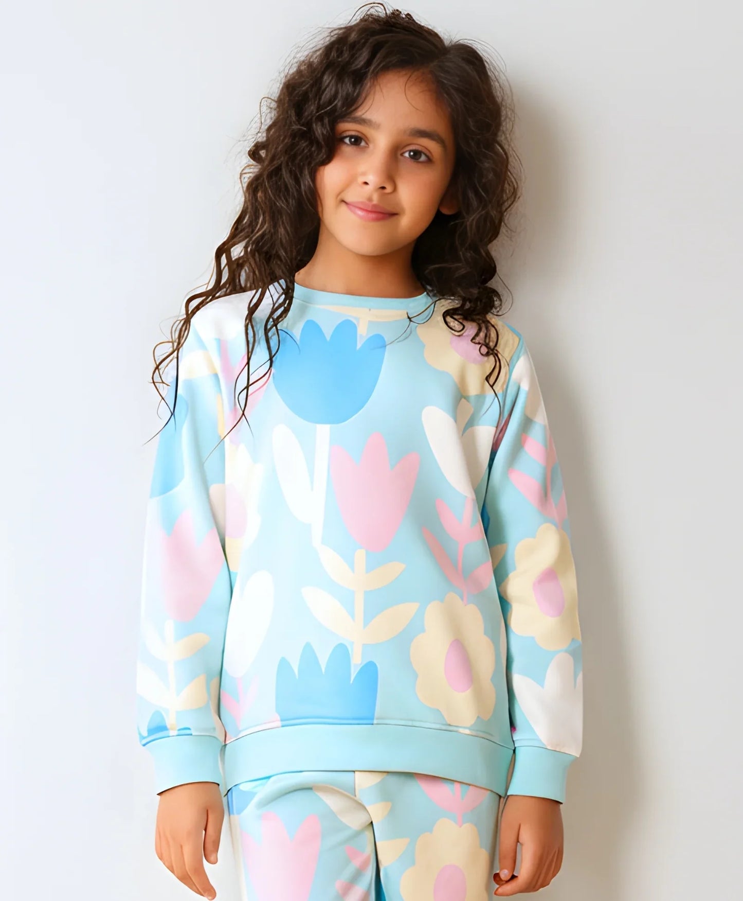 AQUA FLOWER GIRLS FLEECE SWEATSHIRT - AQUA