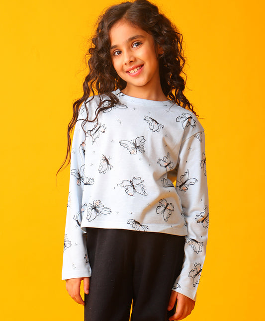 BLUE BUTTERFLY LONG SLEEVE GIRLS T-SHIRT - BLUE