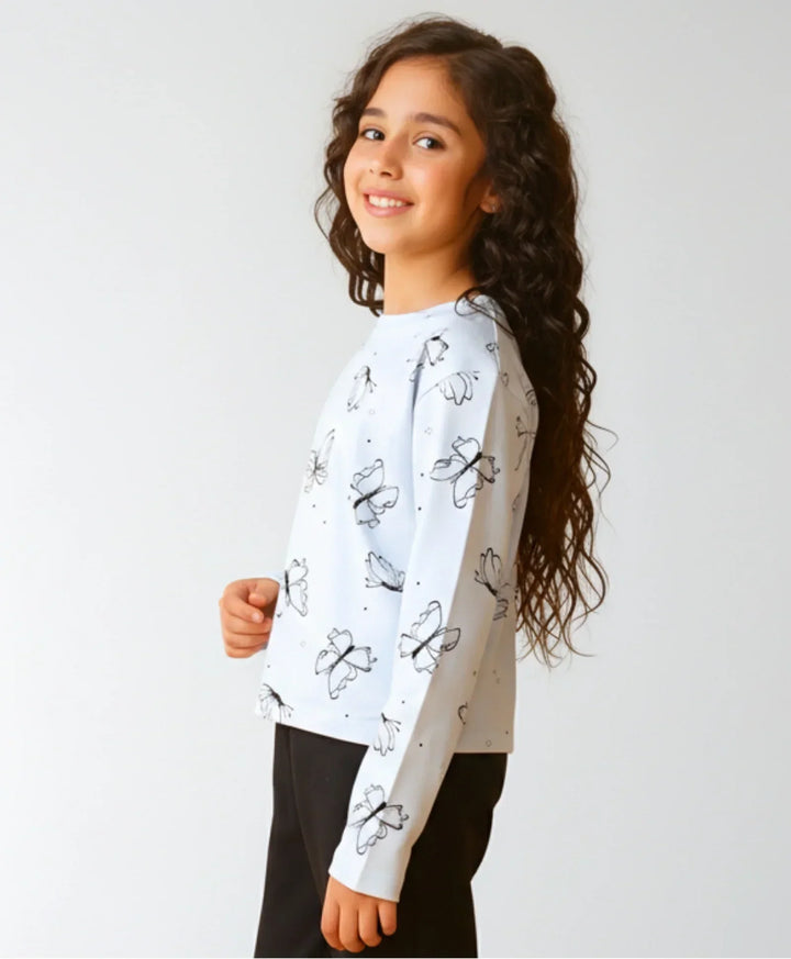 BLUE BUTTERFLY LONG SLEEVE GIRLS T-SHIRT - BLUE - Anthrilo 