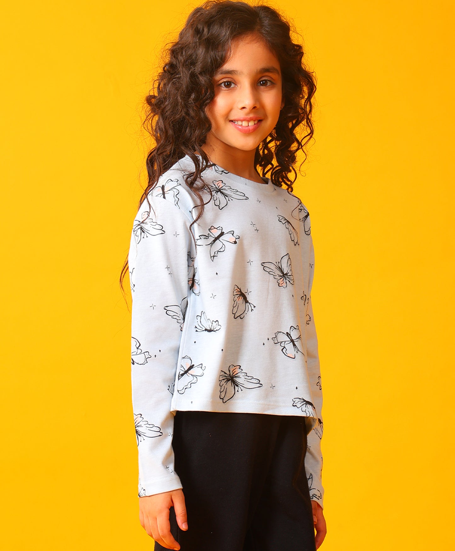 BLUE BUTTERFLY LONG SLEEVE GIRLS T-SHIRT - BLUE