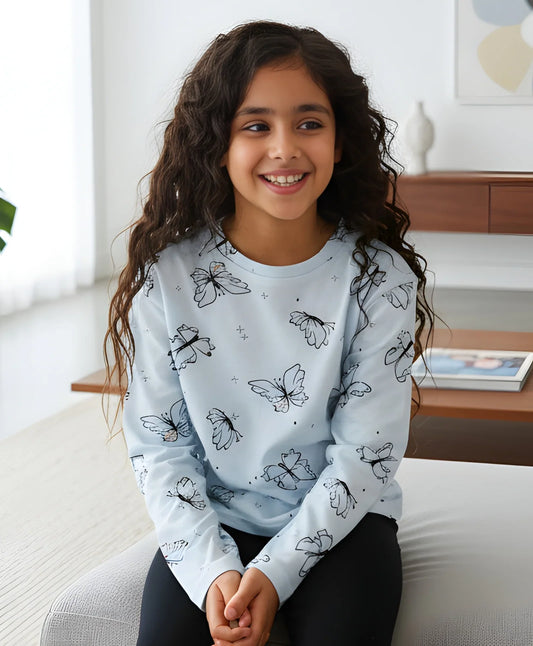 BLUE BUTTERFLY LONG SLEEVE GIRLS T-SHIRT - BLUE