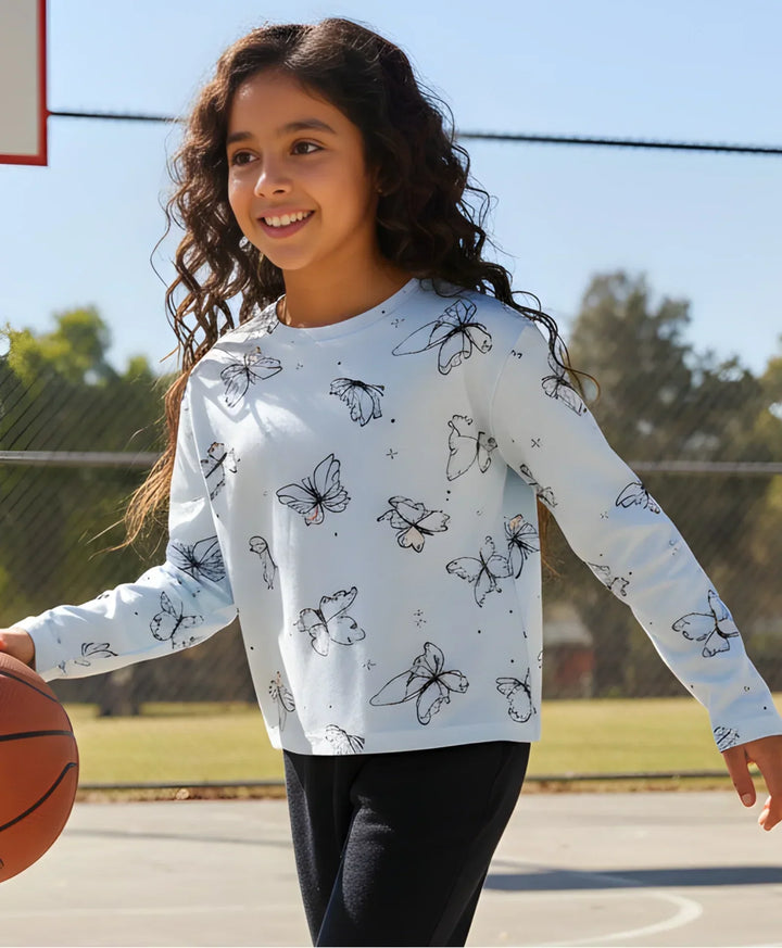 BLUE BUTTERFLY LONG SLEEVE GIRLS T-SHIRT - BLUE - Anthrilo 
