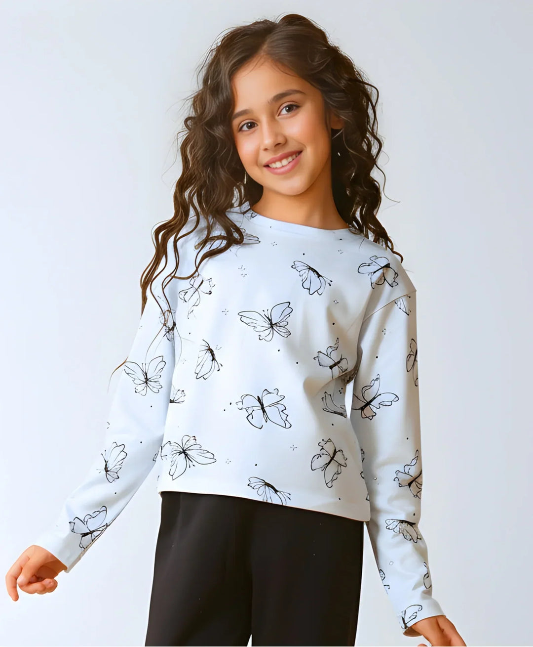 BLUE BUTTERFLY LONG SLEEVE GIRLS T-SHIRT - BLUE - Anthrilo 