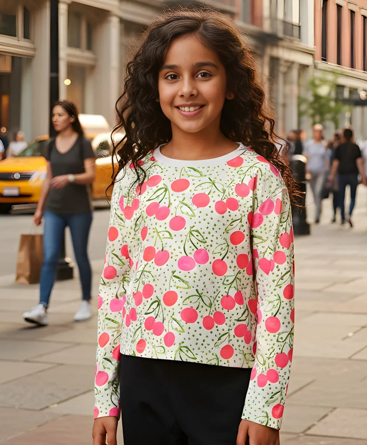 DOTTED CHERRY LONG SLEEVE GIRLS T-SHIRT - OFF WHITE - Anthrilo 