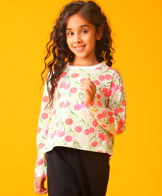 DOTTED CHERRY LONG SLEEVE GIRLS T-SHIRT - OFF WHITE