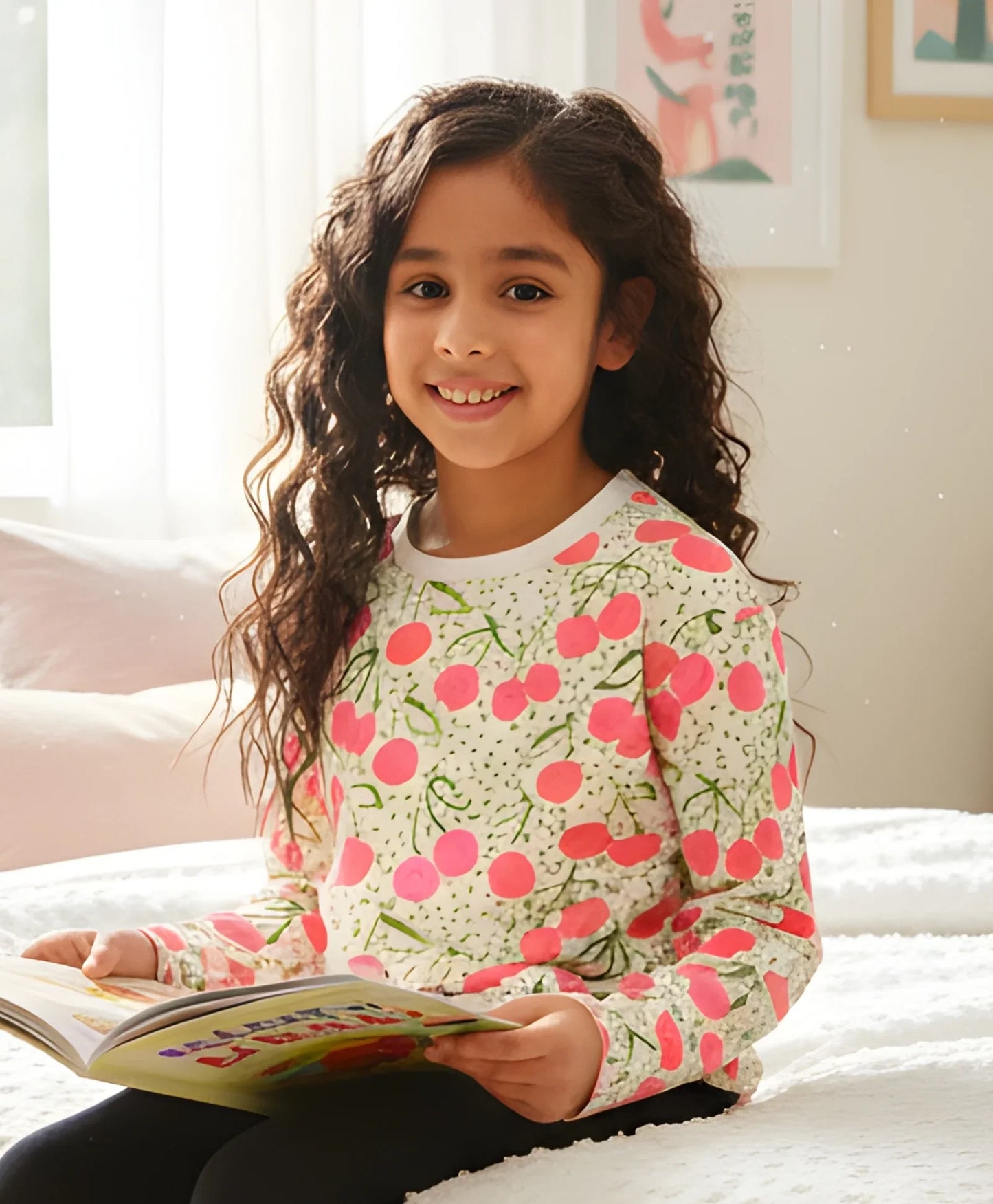 DOTTED CHERRY LONG SLEEVE GIRLS T-SHIRT - OFF WHITE