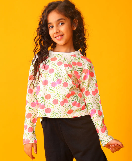 DOTTED CHERRY LONG SLEEVE GIRLS T-SHIRT - OFF WHITE