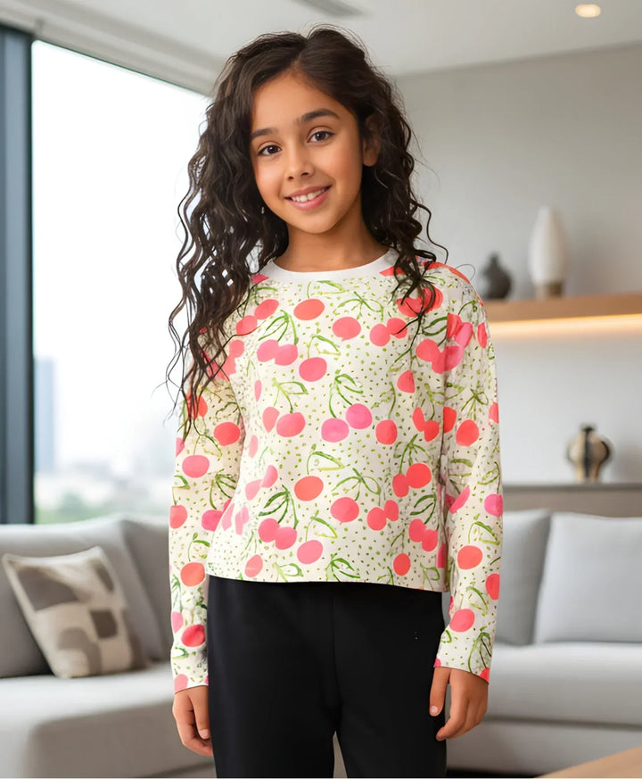DOTTED CHERRY LONG SLEEVE GIRLS T-SHIRT - OFF WHITE - Anthrilo 