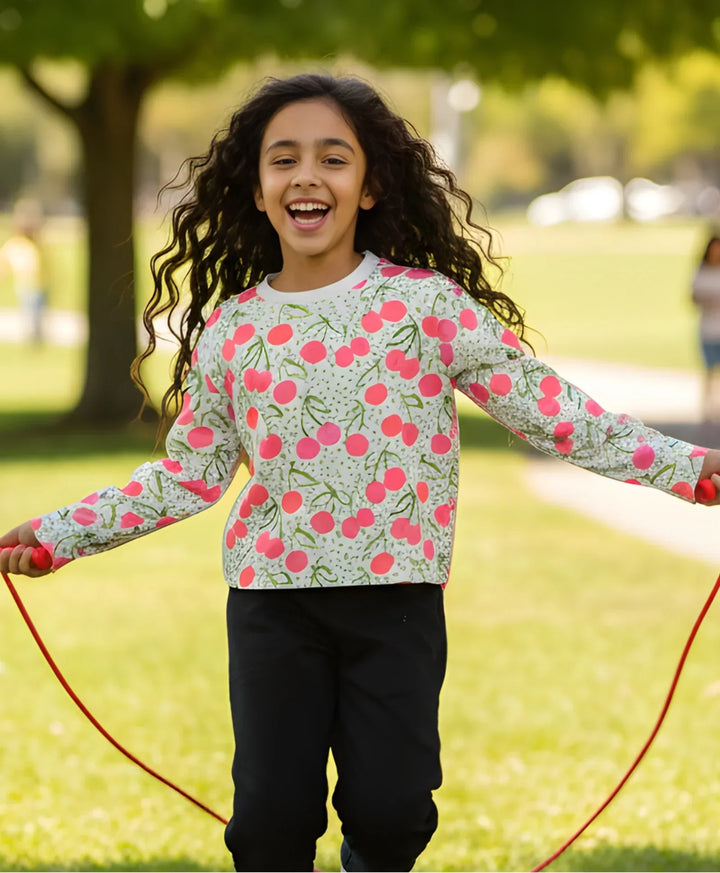 DOTTED CHERRY LONG SLEEVE GIRLS T-SHIRT - OFF WHITE - Anthrilo 