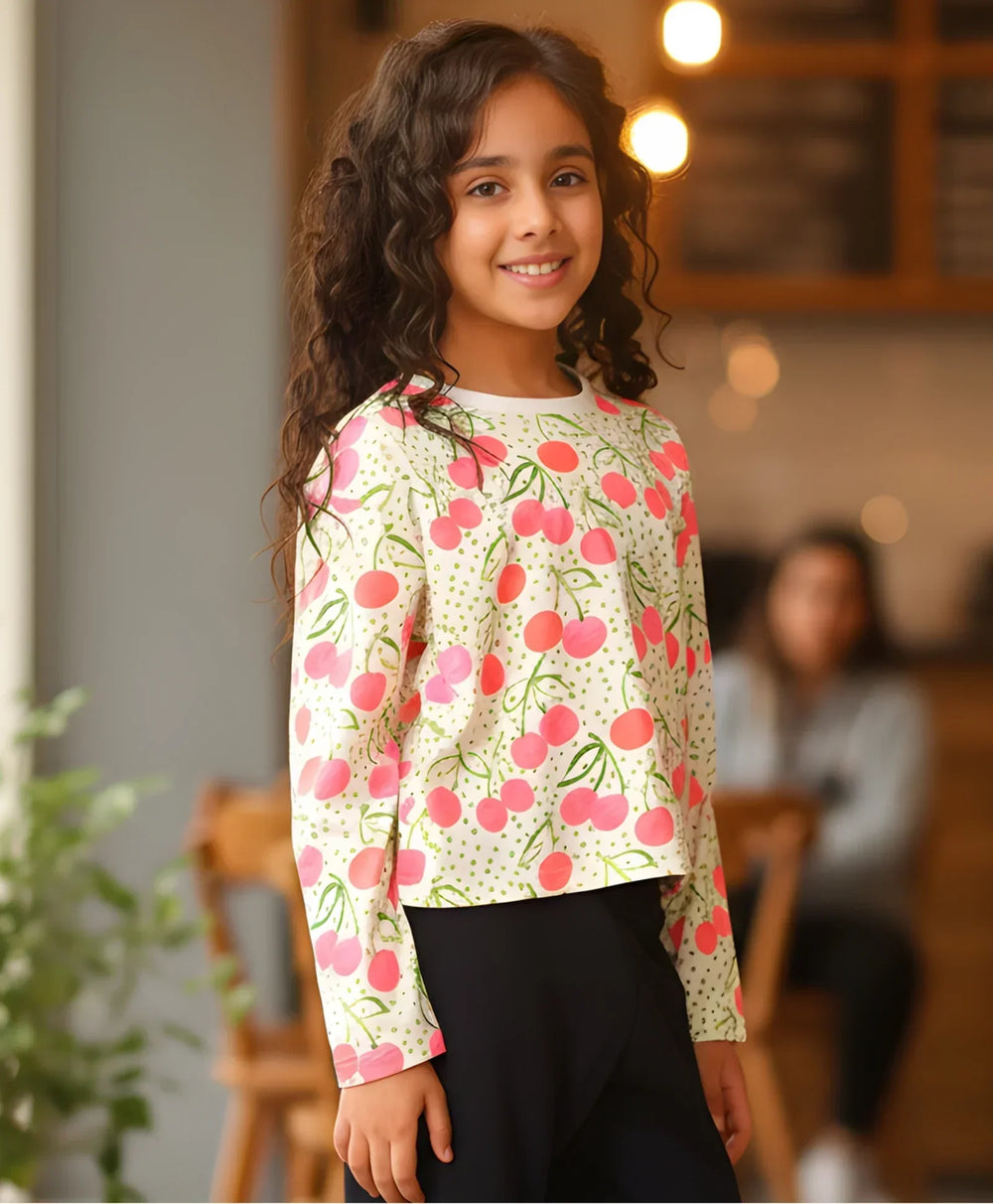 DOTTED CHERRY LONG SLEEVE GIRLS T-SHIRT - OFF WHITE - Anthrilo 