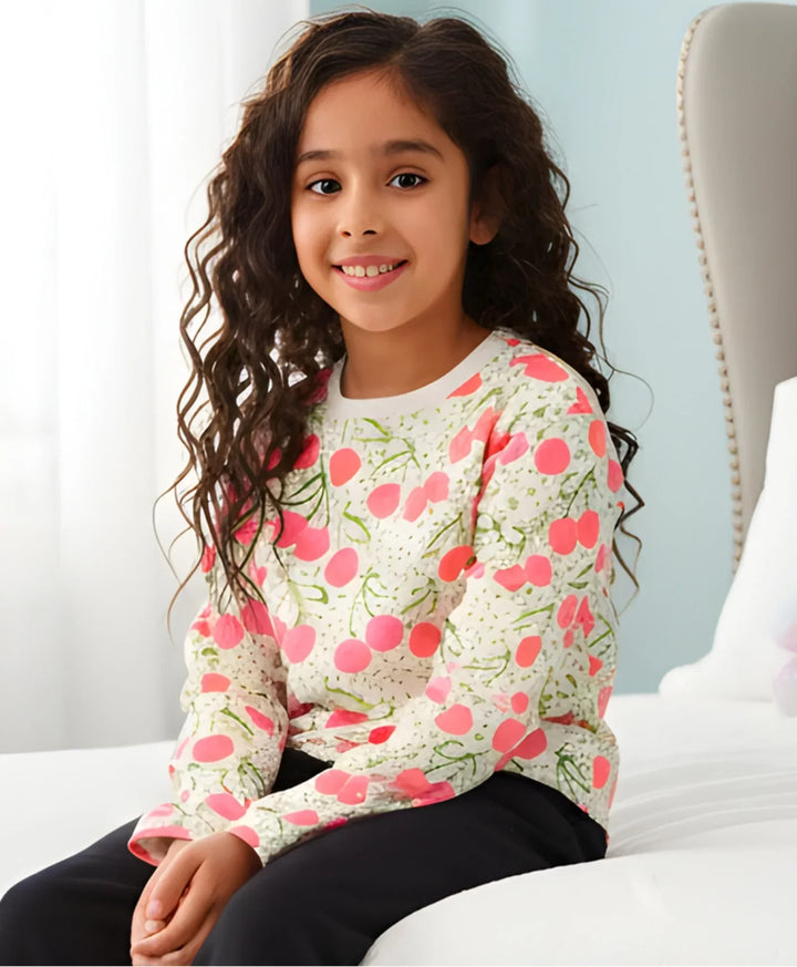 DOTTED CHERRY LONG SLEEVE GIRLS T-SHIRT - OFF WHITE - Anthrilo 