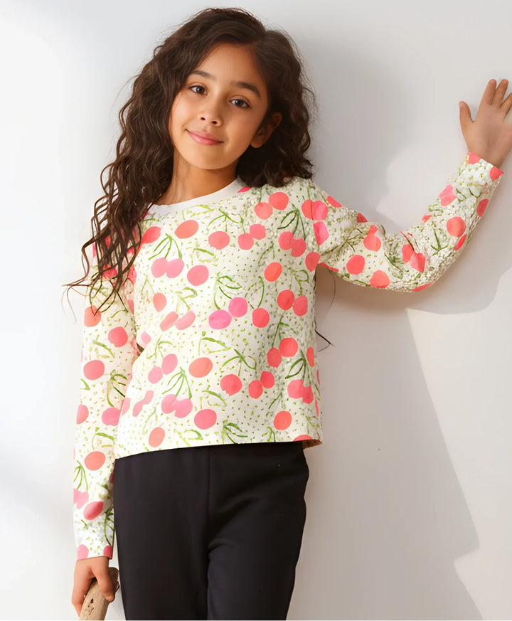 DOTTED CHERRY LONG SLEEVE GIRLS T-SHIRT - OFF WHITE - Anthrilo 