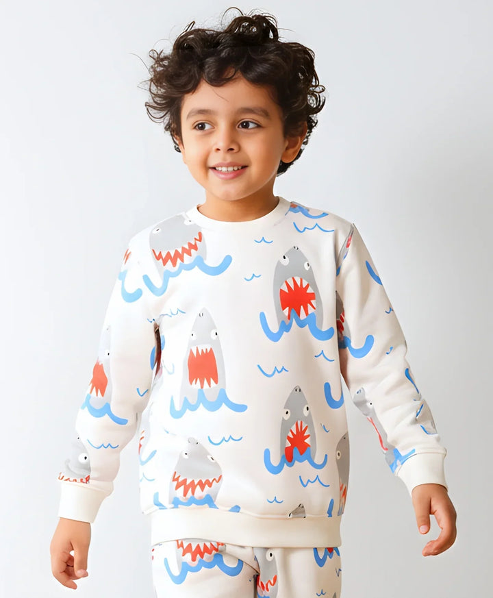 SLEEPY SHARK BOYS FLEECE SWEATSHIRT - OFF WHITE - Anthrilo 