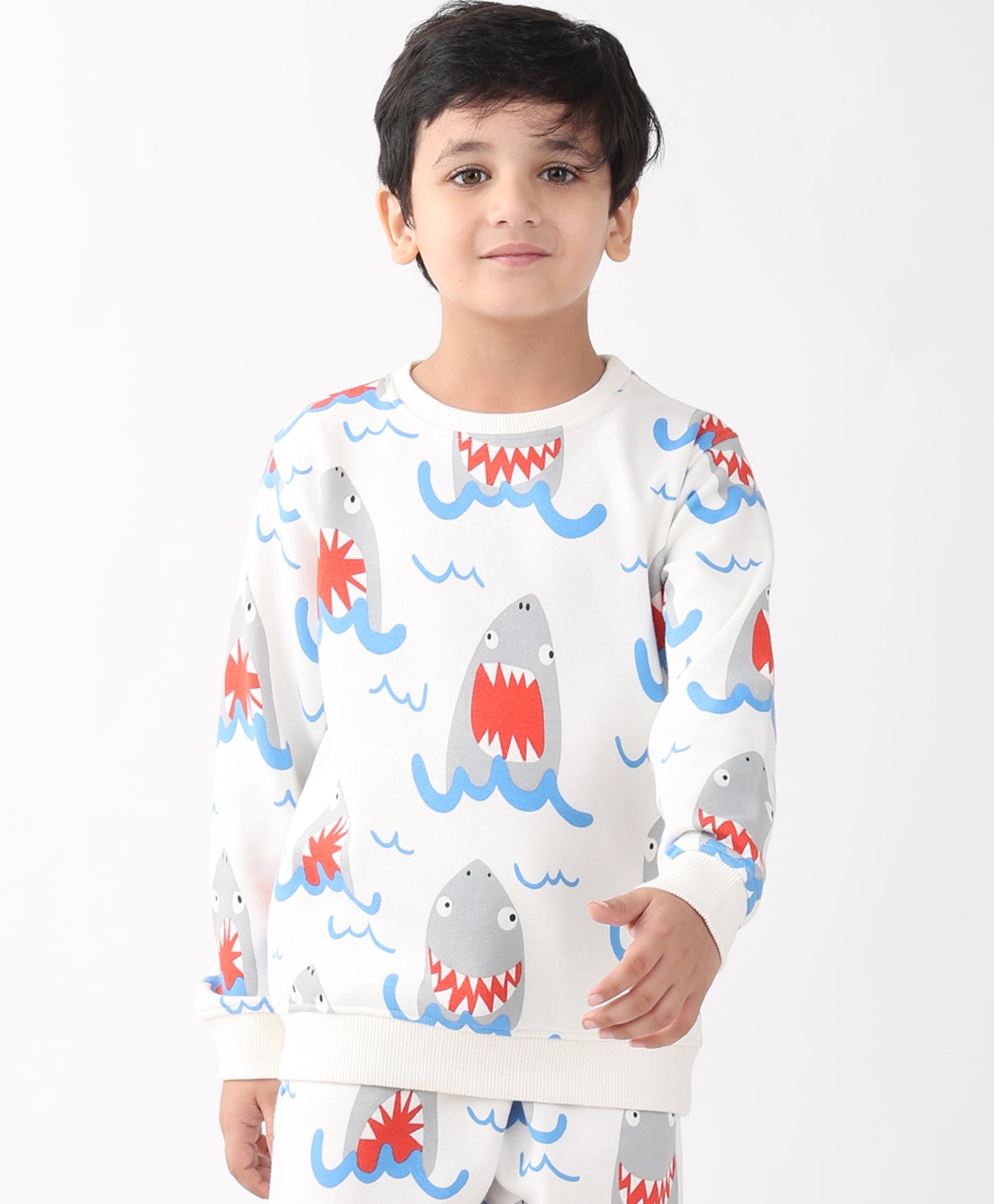 SLEEPY SHARK BOYS FLEECE SWEATSHIRT - OFF WHITE