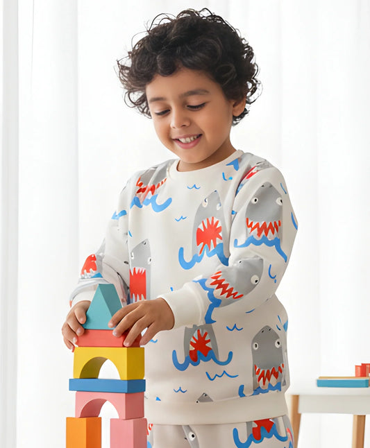 SLEEPY SHARK BOYS FLEECE SWEATSHIRT - OFF WHITE
